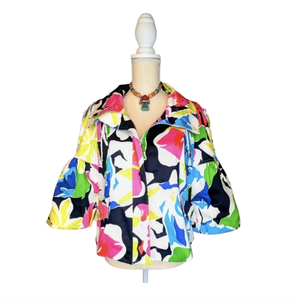 Cache' Multicolor Cropped Floral & Geometric Jacket With Puffer Sleeves